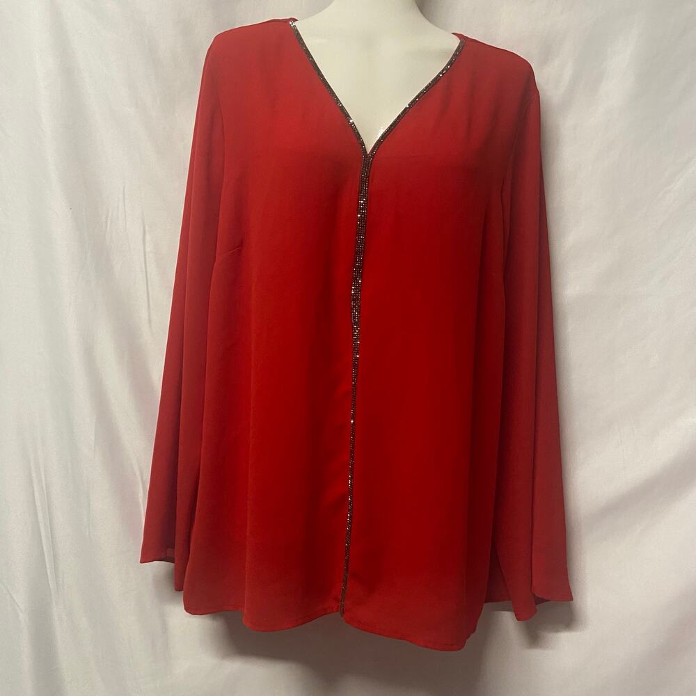Liz Claiborne Top Red Pullover Sequin V Neck Semi Shear Blouse Size L
